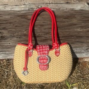 BRIGHTON SHAUNA Purse Handbag Red Leather & Straw Western Beach